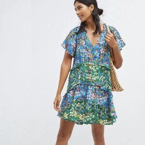 Anthropologie Robin Blue and Green Tiered Floral Mini Dress, size XS